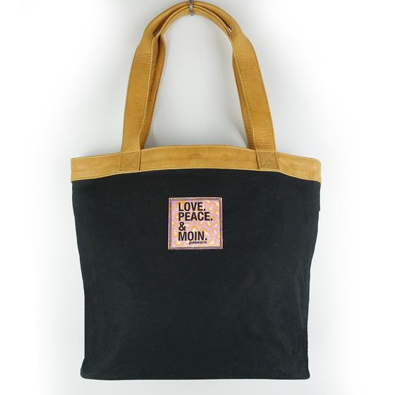 goldmarie Tasche LOVE PEACE MOIN Leo Label- Canvas Leder Mix- schwarz-camel - 33x39cm