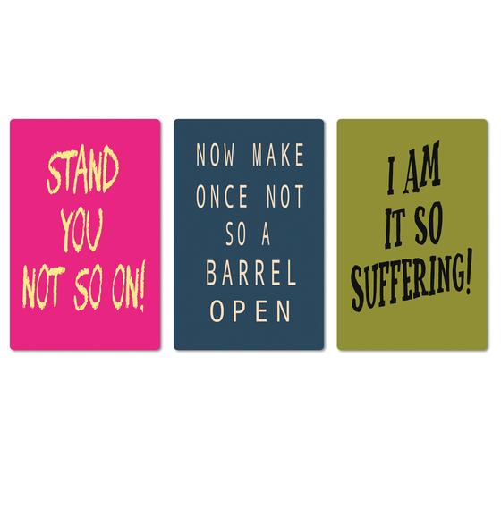 Denglisch Magnet 3er Set - Pink - Nachtblau - Olivgrün - Stand you not so on - now make once not so a barrel open - I am it so suffering