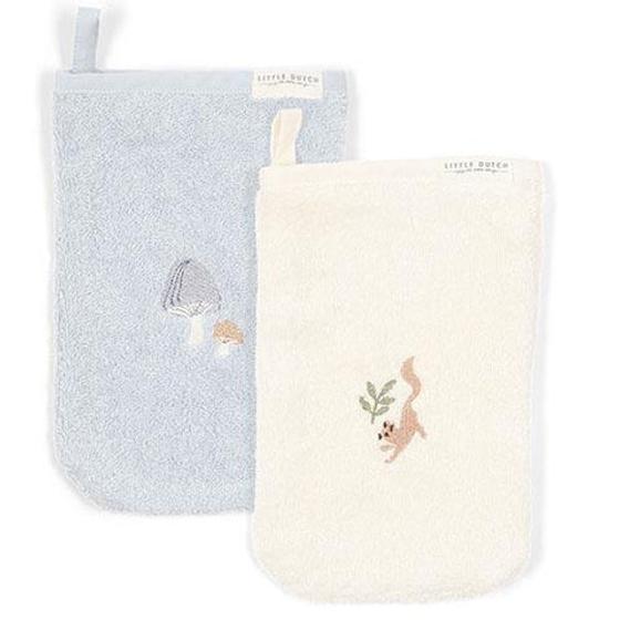 Little Dutch Waschhandschuhe 2er Set Bestickt Forest Friends Blau Weiß