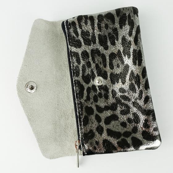 goldmarie Portemonnaie MOINGIORNO rotes Leo Label Leder Leomuster schwarz-silber - 15x9cm