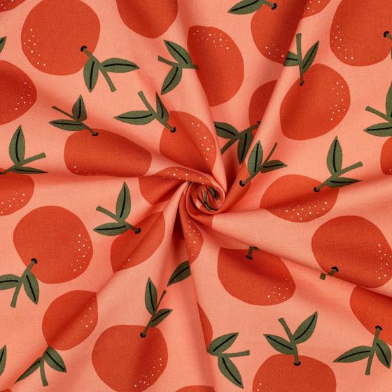 Fruchtiger Canvas-Stoff mit leuchtenden Orangen auf warmem Hintergrund – perfekt für Taschen, Shopper, Home-Deko und sommerliche Nähprojekte.