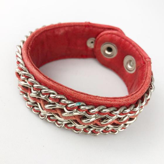 goldmarie Lederarmband Chain Kettenverzierung rot-silber