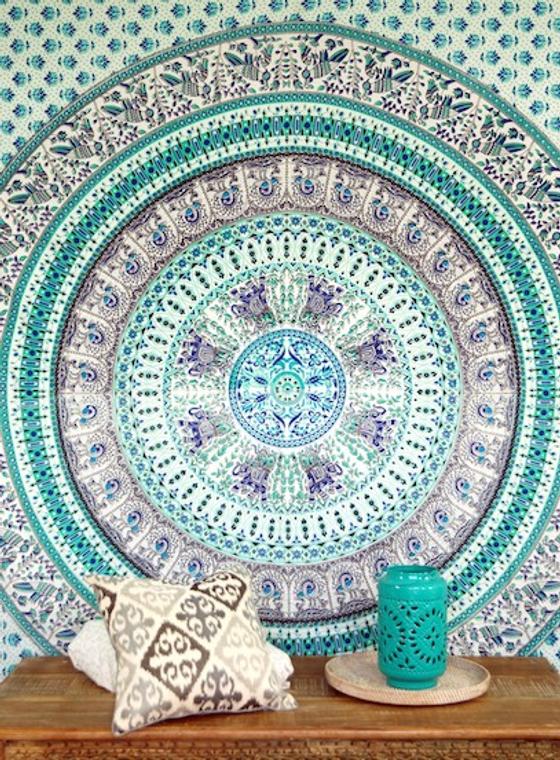 Boho-Style Wandbehang, indische Tagesdecke Mandala Druck - grün/türkis