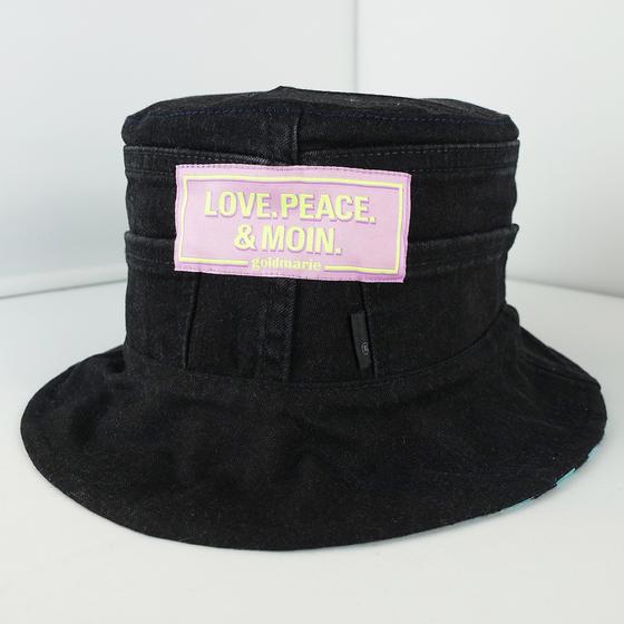 goldmarie Bucket Hat Hut LOVE PEACE MOIN - JEANS Recycelt - denim schwarz - reversible LOVE IS MY SUPERPOWER