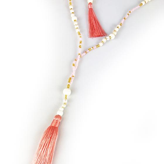goldmarie Perlenkette MANUE mit Fransen-Quast - weiß-koralle-rose-gold