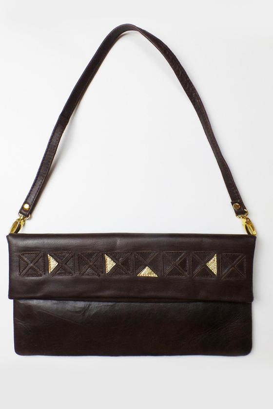 goldmarie Handtasche DREIECK Muster Leder dunkelbraun-gold 29x15cm
