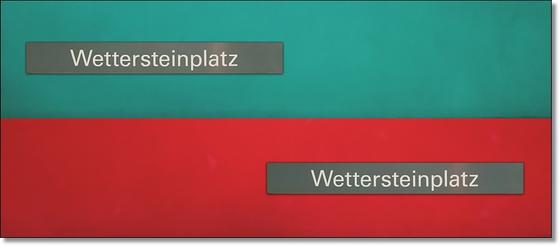U-Bahnhof Wettersteinplatz Kaffeetasse - zwei graue Schild mit weißer Schrift,jeweils auf rotem und türkisem Untergrund