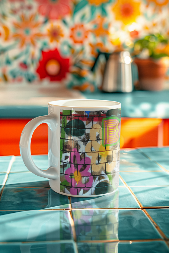 Kaffetasse Flowerpower Streetart Kaffetasse roter Schriftzug  mit grünem Rand auf buntem Hintergrund mit Blumen Flowerpower Streetart Kaffetasse roter Schriftzug  mit grünem Rand auf buntem Hintergrund mit Blumen 