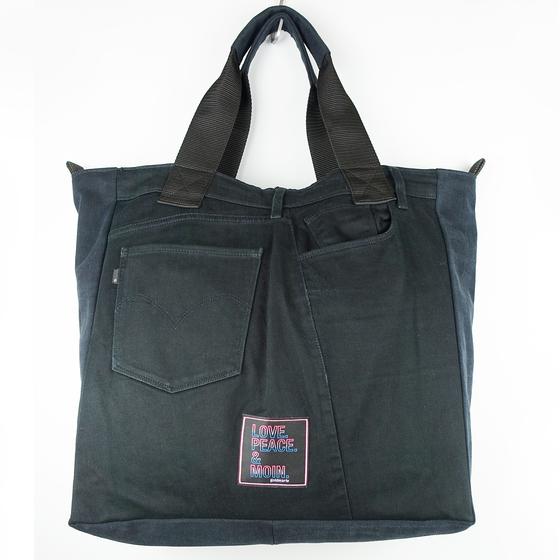goldmarie Shopper Tasche JEANS Recycelt - LOVE PEACE MOIN meets Art - reversible - denim schwarz - 37x38x15cm