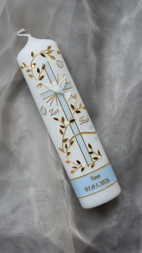 Edle Taufkerze blaumeliert/gold  TK026
