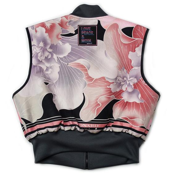 goldmarie Seidentuch-Weste LOVE PEACE MOIN - Vintage-Stoff Recycelt - rose-schwarz - reversible LOVE IS MY SUPERPOWER Denim - mit Kosmetiktasche