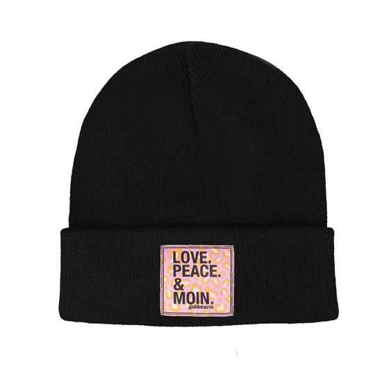 goldmarie Beanie Mütze LOVE PEACE MOIN mit lilac Leo Applikation - schwarz