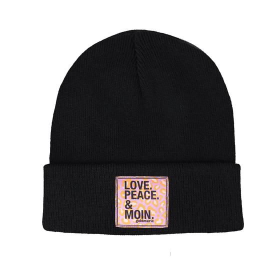 goldmarie Beanie Mütze LOVE PEACE MOIN mit lilac Leo Applikation - schwarz