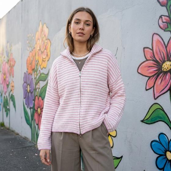 goldmarie Zip Strickjacke LOVE PEACE MOIN - gestreift - rosa-weiß 