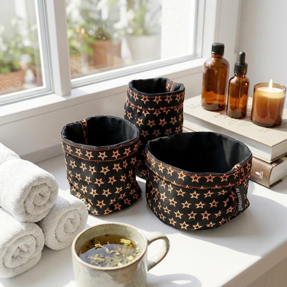 goldmarie Utensilo Stoffbehälter STERNE schwarz-beige - 3er Set