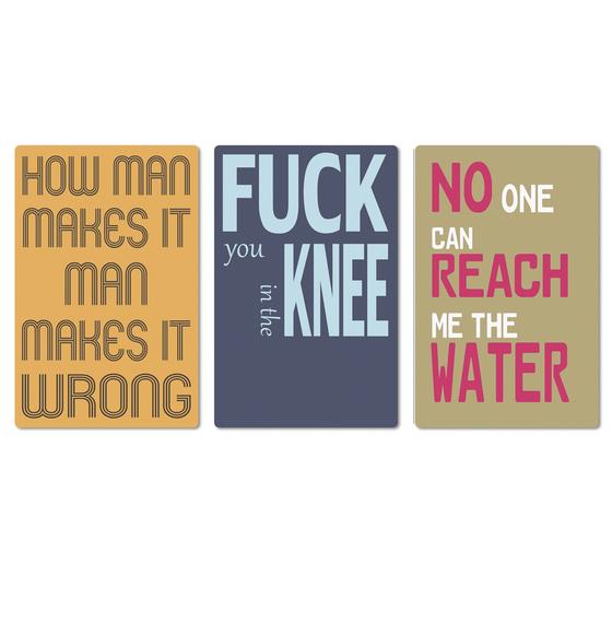 Denglisch Magnet 3er Set - Apricot, Azurblau, Beige - How man makes it, man makes it wrong - Fuck you in the knee - No one can reach me the water