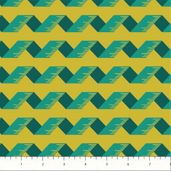 Bits and Bobs Stoffkollektion von Sarah Hearts für Figo Fabrics mit illustrierten Nähutensilien wie Scheren, Knöpfen und Maßbändern.
