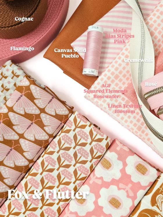 Fox & Flutter von Loes van Oosten für Cotton + Steel mit modernen grafischen Waldmotiven wie dem Square Fox in ruhigen Denimblau-, Rosé- und Grautönen. Ideal für besondere Taschen, Accessoires und Kleidung.