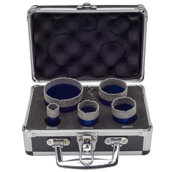 Diamant-Fliesenbohrer Set dünnlippig, Wandstärke 2,1 mm <br>5-teilig im stabilen Koffer <br> Ø 20 mm - 68 mm