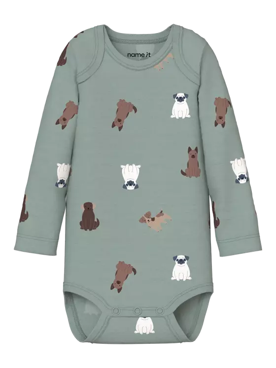 Name It 3er Pack Bodys Langarm Dogs Green Milieu Jet Stream Sesame