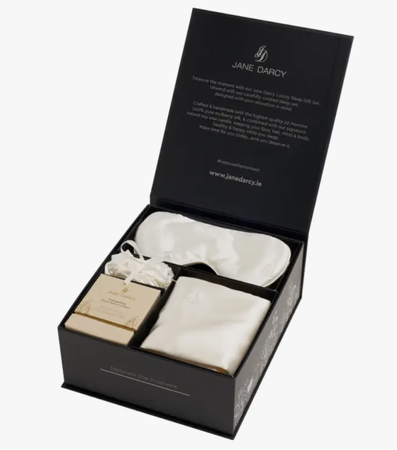 Geschenkset | Schlafset Tranquility - Seidenkissen, Seidenmaske, Seidenhaargummis + Duftkerze