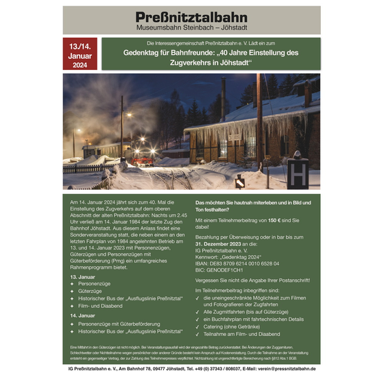 Ankündigung zum Gedenktag für Eisenbahnfreunde "40 Jahre Einstellung des Zugverkehrs in Jöhstadt" am 13. und 14. Januar 2024