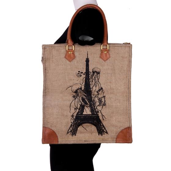 goldmarie Shopper Tasche Jute EIFFELTURM UNTERWASSERWELT natur-hellbraun 40x35cm