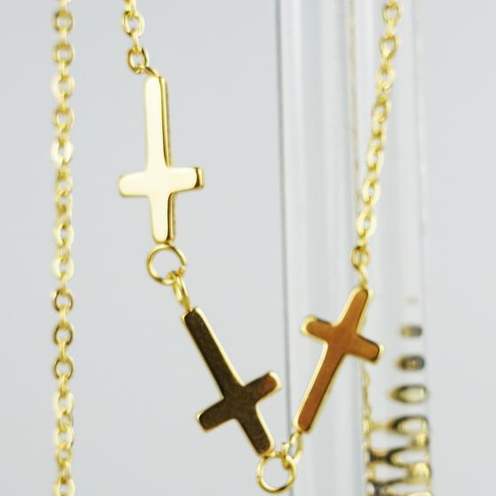 goldmarie Kette TRIPEL KREUZ Asymmetrisch Stahl vergoldet
