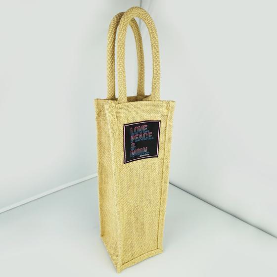 goldmarie Sekt- und Weinflaschentasche LOVE PEACE MOIN Neonschrift Look Label - Jute - natur