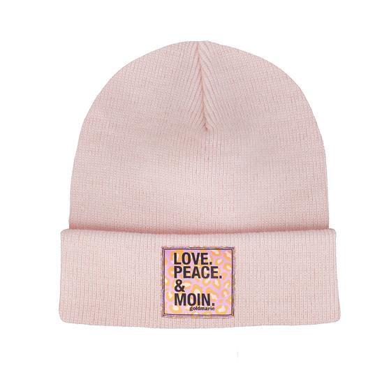 goldmarie Beanie Mütze LOVE PEACE MOIN mit lilac Leo Applikation - hellrosa 