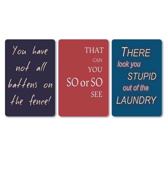 Magnet-Set mit 3 Denglisch-Magneten, nachtblau, burgunderrot, royalblau - You have not all battens on the fence - That can you so or so see - There look you stupid out of the laundry