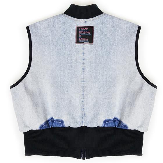 goldmarie Seidentuch-Weste LOVE IS MY SUPERPOWER - Vintage-Stoff Recycelt - denim-hellblau-bunt - reversible LOVE PEACE MOIN - mit Kosmetiktasch