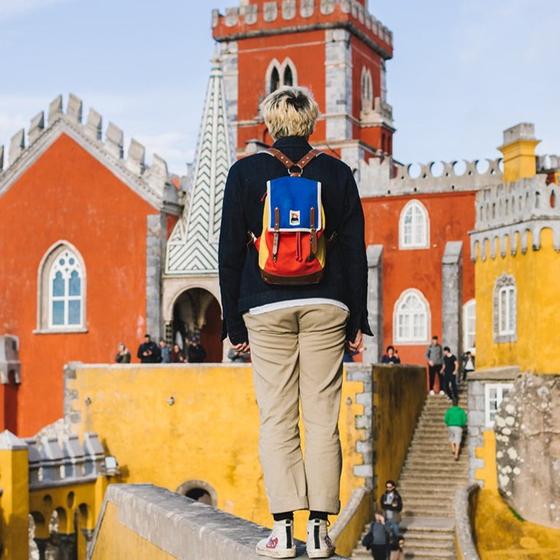 Ykra Matra Blue/Red/Yellow Leather Strap and Bottom Backpack 14L