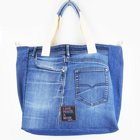 goldmarie Shopper Tasche JEANS Recycelt - LOVE PEACE MOIN - reversible - denim washed - 37x38x15cm