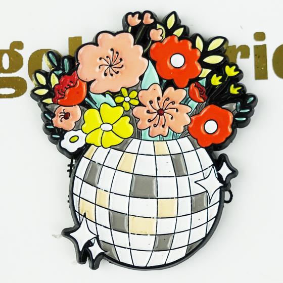 goldmarie Retro Pin DISCOKUGEL mit BLUMEN - weiß-bunt