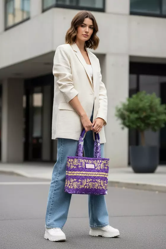 goldmarie Lilac Tasche LOVE PEACE MOIN - Nr. 1 - Vintage-Stoff Recycelt - upcycling Einzelstück - lavendel-goldgelb