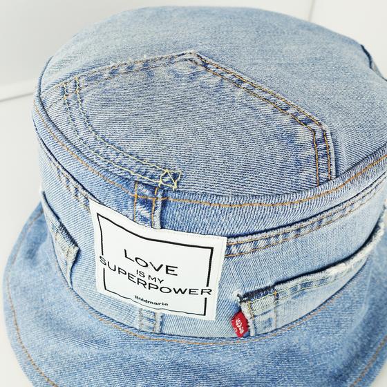 goldmarie Bucket Hat Hut LOVE IS MY SUPERPOWER - JEANS Recycelt - denim - reversible LOVE PEACE MOIN