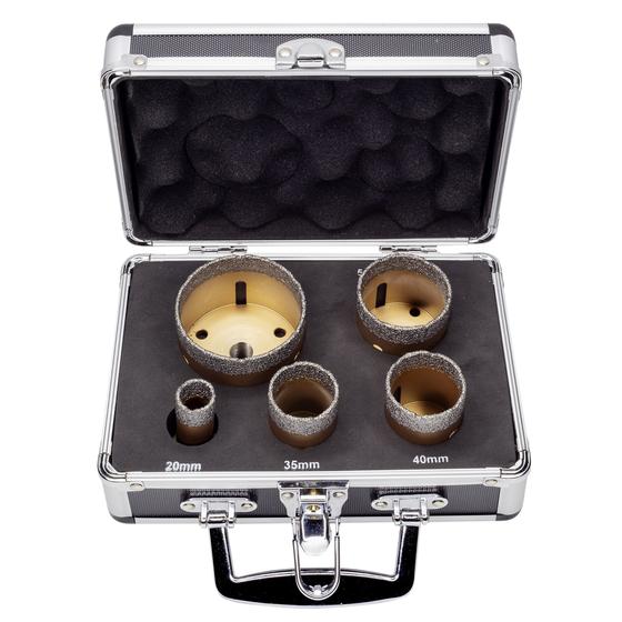 Diamant-Fliesenbohrer Set, Wandstärke 2,5 mm, 5-teilig,<br> im stabilen Koffer <br> Ø 20 mm - 68 mm
