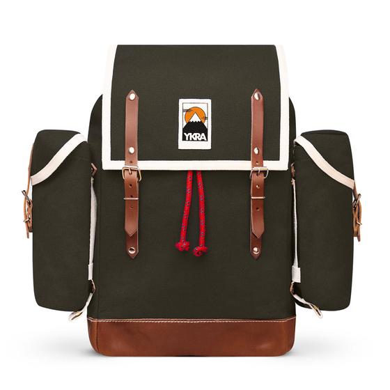 Ykra Matra BIG Khaki Leather Strap, Leather Bottom, two side pockets Backpack