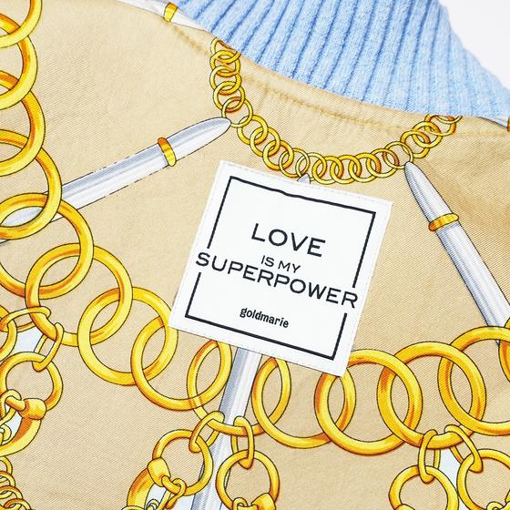 goldmarie Seidentuch-Weste LOVE IS MY SUPERPOWER - Vintage-Stoff Recycelt - blau - reversible OHMMM DIGGA -- mit Kosmetiktasche 