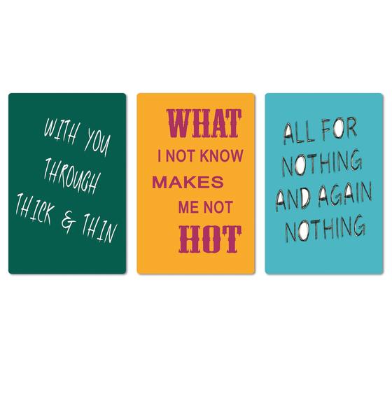 Magnet-Set mit 3 Denglisch-Magneten,  waldgrün, apricot, türkisblau - With you through thick and thin - What I not know makes me not hot - All for nothing and again nothing 