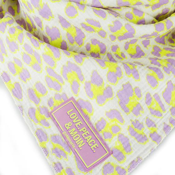 goldmarie Tuch LOVE PEACE MOIN Leo Muster - Lilac New Edition - Baumwolle - neon gelb-lilac 