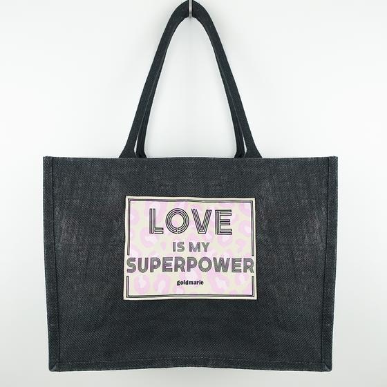 goldmarie Shopper Jute Tasche LOVE IS MY SUPERPOWER - schwarz - 33x42x17cm