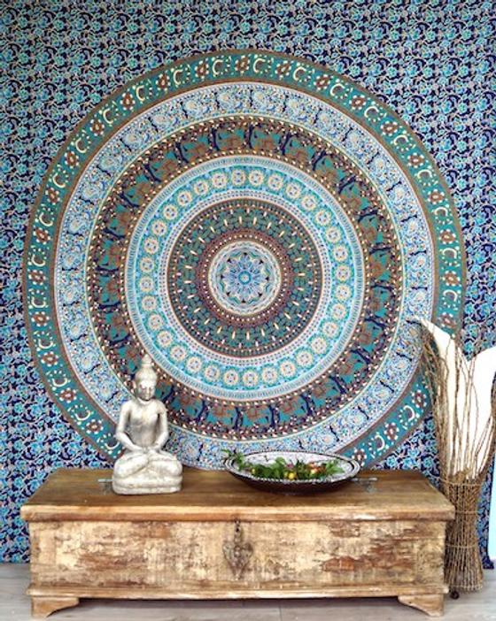 Boho-Style Wandbehang, indische Tagesdecke Mandala Druck - blau/grün