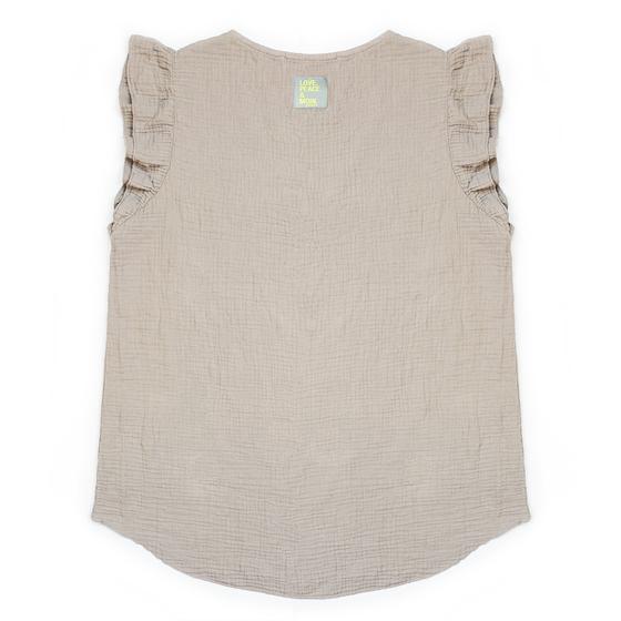 goldmarie Musselini Top LOVE PEACE MOIN lemon Label - hellgrau