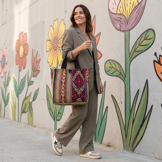 goldmarie Shopper Tasche JEANS Recycelt - LOVE PEACE MOIN meets Art - reversible - denim schwarz - 37x38x15cm