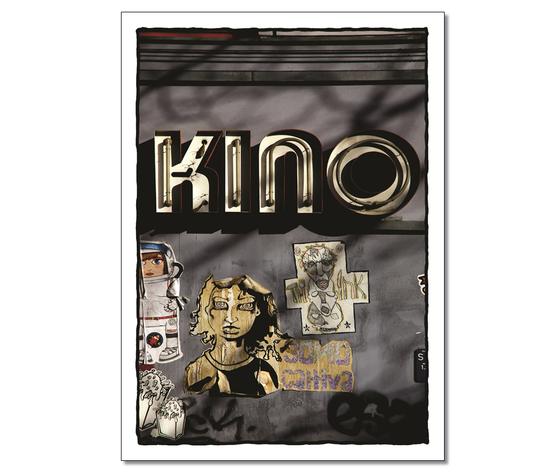 Klassische Postkarte - Foto eines Kinoschildes mit mehreren Stickern darunter. 