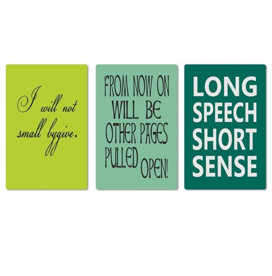 Denglisch Magnet 3er Set - Grassgrün, Mint, Petrol - I will not small bygive - From now on will be other pages pulled open - Long speech schort sense
