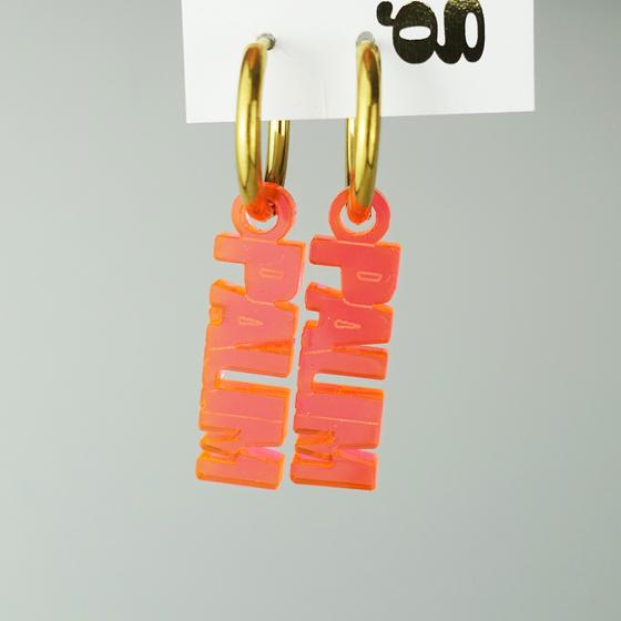 goldmarie Ohrringe PALIM PALIM - Plexi Schriftzug - neon orange - 0,5x2,5cm