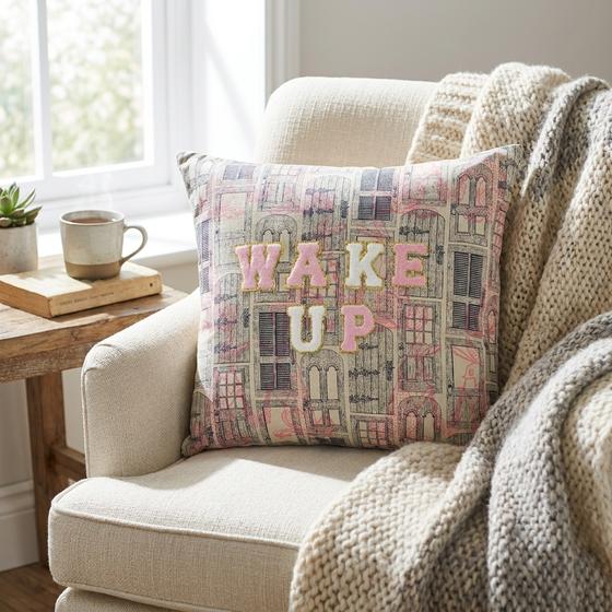 goldmarie Deko Kissen WAKE UP - Vintage Muster - beige-blau - 45x45cm - Unikat 